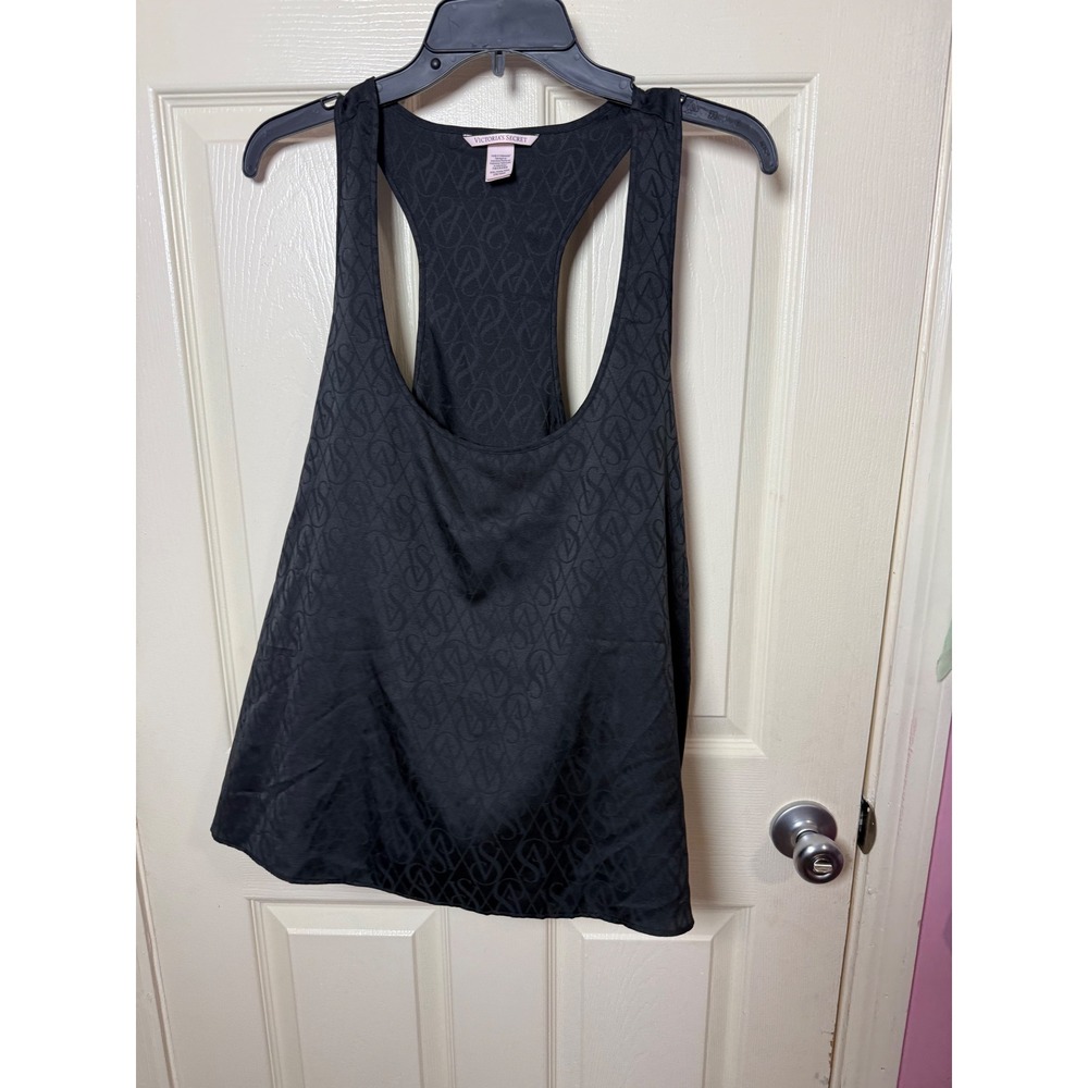 Victoria's Secret Black Monogram Logo Satin Racerback Tank Top XXL